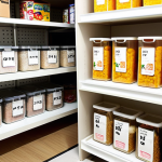 **

A brightly lit, modern Japanese apartment interior. Focus on a neatly organized pantry (パントリー). Shelves are stocked with common bulk-bought items like tissues, detergent refills, and food staples, all arranged in clear, labeled containers. Use clear plastic containers and baskets. Rolling stock method with labels showing purchase dates. The overall impression should be clean, efficient, and aesthetically pleasing, reflecting a sense of calm and control. Focus on easy access and visual clarity.

**