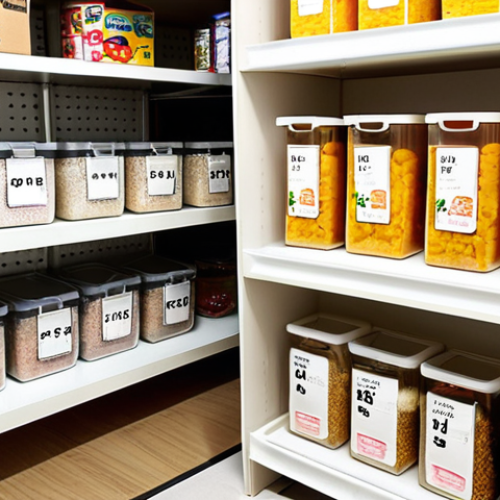 **

A brightly lit, modern Japanese apartment interior. Focus on a neatly organized pantry (パントリー). Shelves are stocked with common bulk-bought items like tissues, detergent refills, and food staples, all arranged in clear, labeled containers. Use clear plastic containers and baskets. Rolling stock method with labels showing purchase dates. The overall impression should be clean, efficient, and aesthetically pleasing, reflecting a sense of calm and control. Focus on easy access and visual clarity.

**