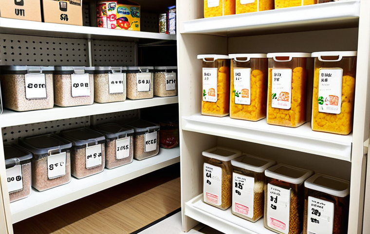 **

A brightly lit, modern Japanese apartment interior. Focus on a neatly organized pantry (パントリー). Shelves are stocked with common bulk-bought items like tissues, detergent refills, and food staples, all arranged in clear, labeled containers. Use clear plastic containers and baskets. Rolling stock method with labels showing purchase dates. The overall impression should be clean, efficient, and aesthetically pleasing, reflecting a sense of calm and control. Focus on easy access and visual clarity.

**