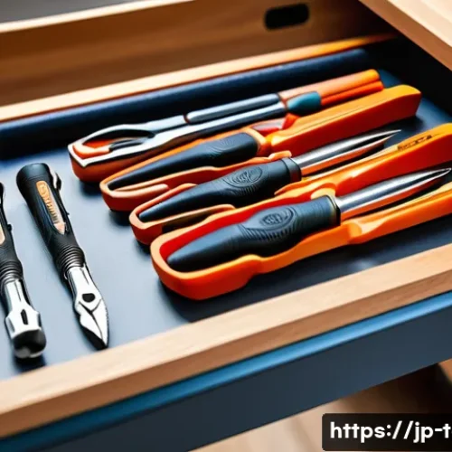 가정용 공구 세트 추천 - A compact, neatly organized toolset case open on a wooden workbench in a bright modern Japanese apar...
