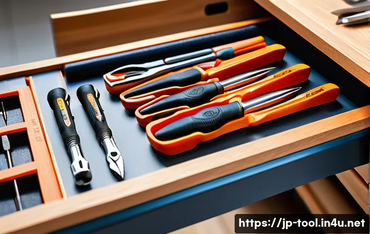 가정용 공구 세트 추천 - A compact, neatly organized toolset case open on a wooden workbench in a bright modern Japanese apar...