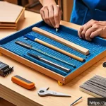 홈데포 vs 로우스 공구 구매 가이드 - A detailed, realistic scene of a beginner DIY workspace in a bright Japanese home setting, featuring...