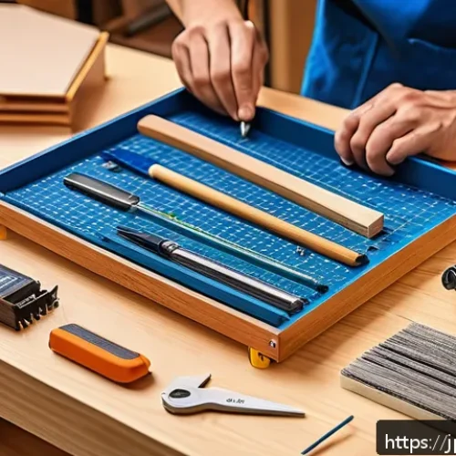 홈데포 vs 로우스 공구 구매 가이드 - A detailed, realistic scene of a beginner DIY workspace in a bright Japanese home setting, featuring...