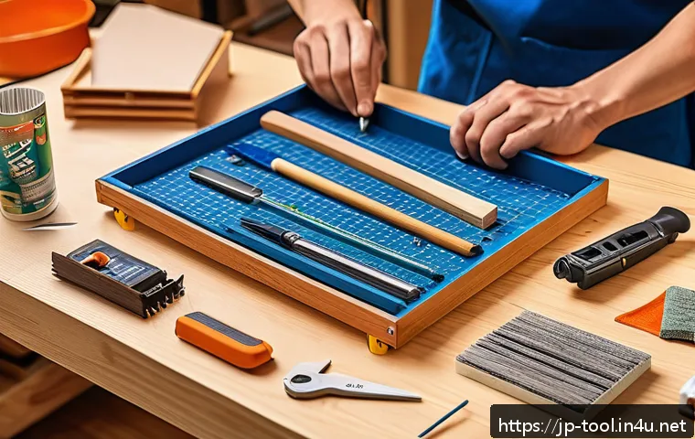 홈데포 vs 로우스 공구 구매 가이드 - A detailed, realistic scene of a beginner DIY workspace in a bright Japanese home setting, featuring...