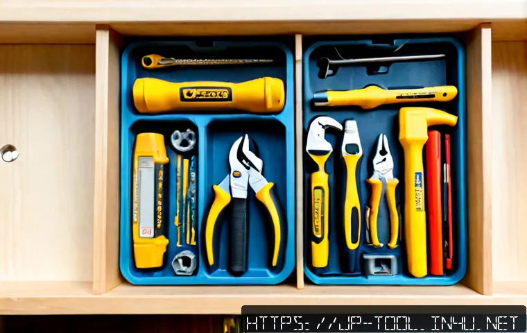 DIY 공구 세트 추천 및 사용 후기 - Photorealistic overhead view of two neatly arranged DIY tool kits on a clean light-wood workbench in...